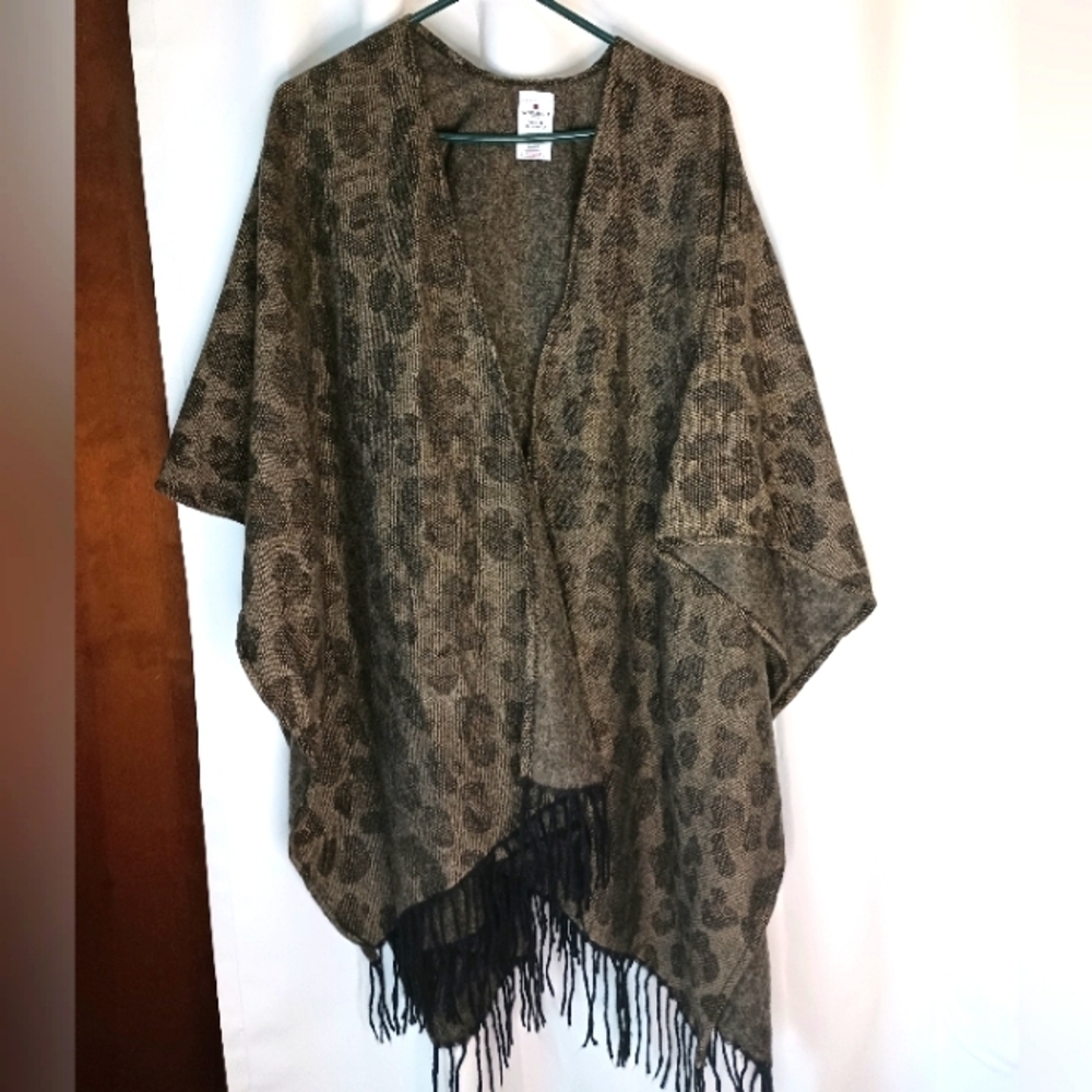 Woolrich Blanket Wrap Shawl Brown Leopard Animal Print Fringe Womens One Size